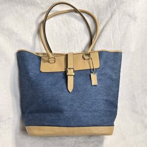 Covington‎ Tote Women's Large Shoulder Bag Denim Blue Tan Casual Purse